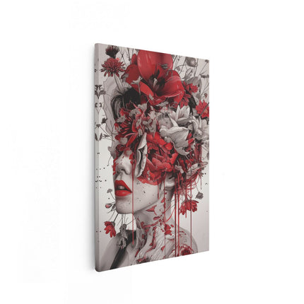 Canvas schilderij vooraanzicht Vrouw met Rode Bloemen op haar Hoofd
