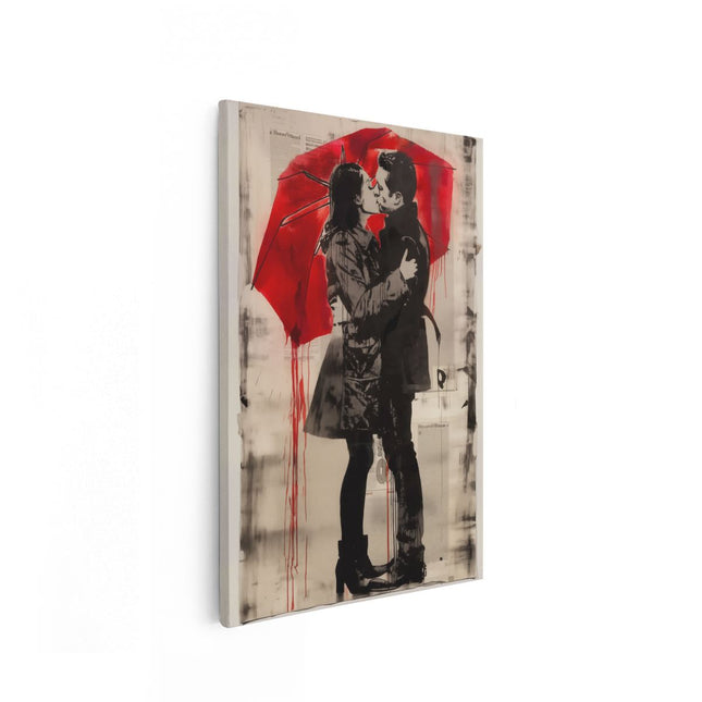 Canvas schilderij vooraanzicht Paar Kussen onder een Rode Paraplu