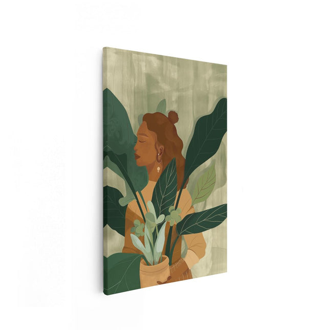 Canvas schilderij vooraanzicht Vrouw die een Potplant Vasthoudt