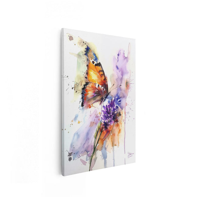 Canvas schilderij vooraanzicht Aquarelkunstwerk van een Vlinder op een Bloem