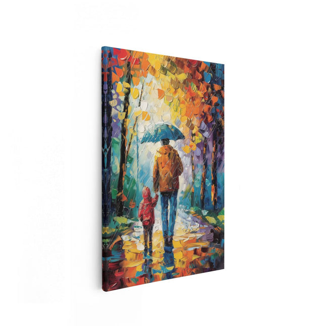 Canvas schilderij vooraanzicht Man en een Kind Lopen in de Regen met een Paraplu