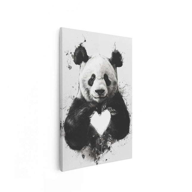 Canvas schilderij vooraanzicht Pandabeer die een Hart Vasthoudt