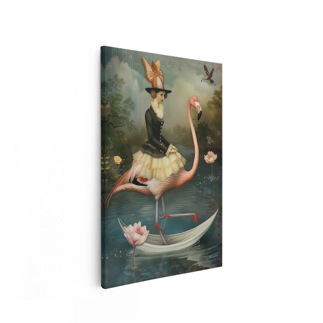 Canvas schilderij vooraanzicht Vrouw die een Flamingo op een Boot Berijdt
