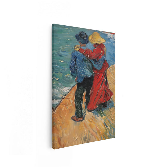 Canvas schilderij vooraanzicht Kunstwerk van een Stel dat op het Strand loopt