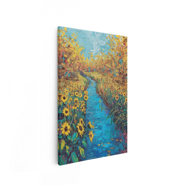 Canvas schilderij vooraanzicht Olieverfschilderij van een Beekje en Zonnebloemen