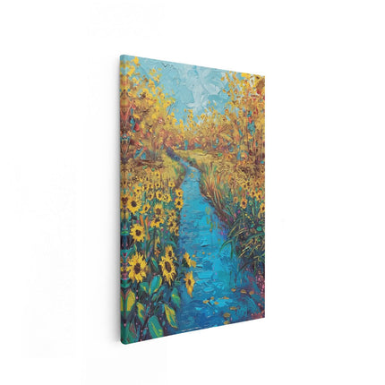 Canvas schilderij vooraanzicht Olieverfschilderij van een Beekje en Zonnebloemen