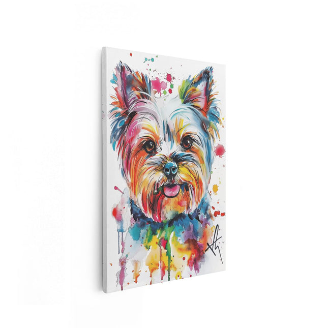 Canvas schilderij vooraanzicht Yorkshire Terrier met Kleurrijke Verfspatten