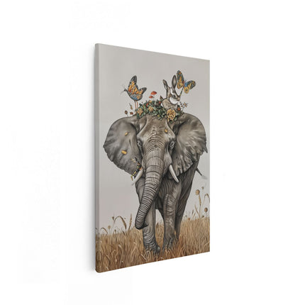 Canvas schilderij vooraanzicht Olifant met Vlinders op zijn Rug