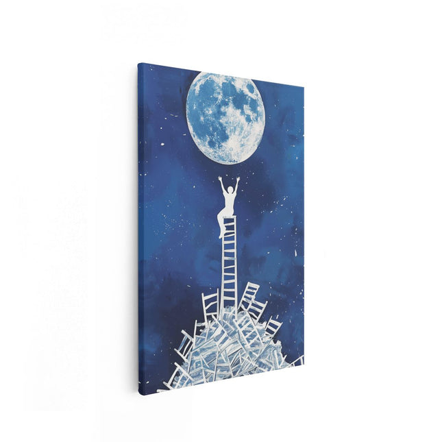 Canvas schilderij vooraanzicht Persoon Staat op een Ladder voor een Volle Maan