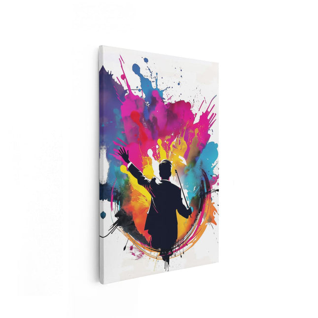Canvas schilderij vooraanzicht Een Man in een Pak Houdt een Stokje Vast voor Kleurrijke Verfspatten