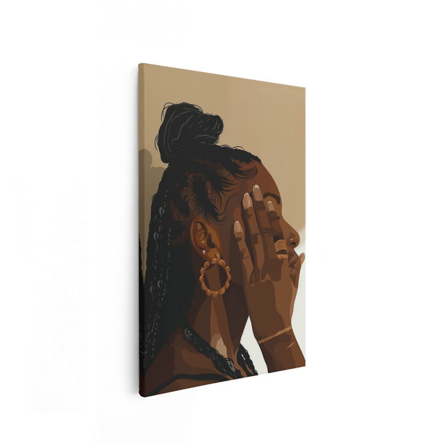 Canvas schilderij vooraanzicht Zwarte Vrouw die haar Hand tegen haar Gezicht Hield