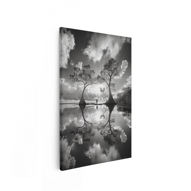 Canvas schilderij vooraanzicht De Bomen Worden Weerspiegeld in het Water
