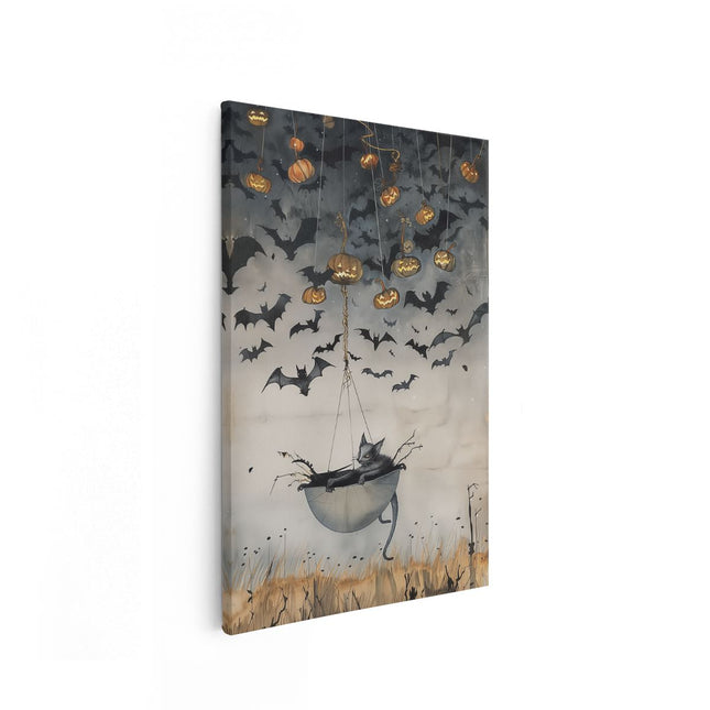 Canvas schilderij vooraanzicht Kat zit in een Paraplu met Pompoenen Eraan