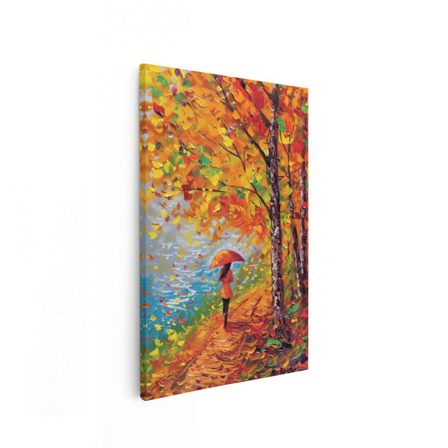 Canvas schilderij vooraanzicht Vrouw die met een Paraplu over een Pad loopt