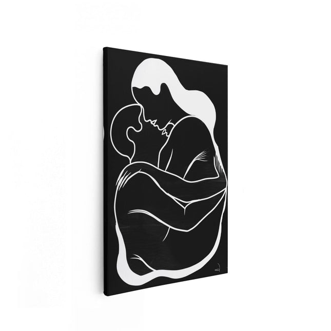 Canvas schilderij vooraanzicht Vrouw Knuffelt een Man in Zwart Wit