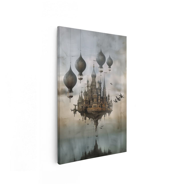 Canvas schilderij vooraanzicht Afbeelding van een Kasteel dat in het Water Drijft