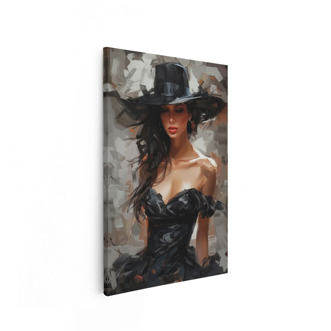 Canvas schilderij vooraanzicht Vrouw in een Zwarte Jurk met een Zwarte Hoed