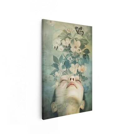 Canvas schilderij vooraanzicht Vrouw met Bloemen in haar Hoofd