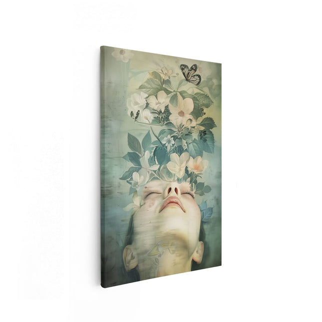 Canvas schilderij vooraanzicht Vrouw met Bloemen in haar Hoofd