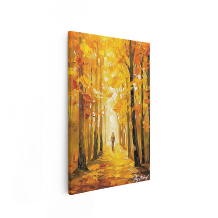 Canvas schilderij vooraanzicht Persoon die in de Herfst door een Bos loopt