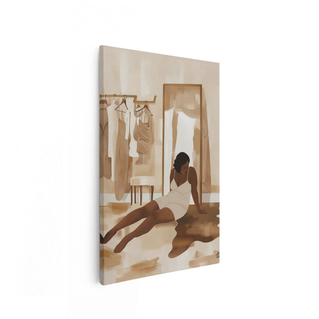 Canvas schilderij vooraanzicht Vrouw die op de Vloer ligt voor een Spiegel
