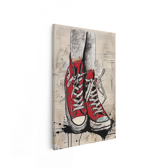 Canvas schilderij vooraanzicht Paar Rode Converse Schoenen op een Krant