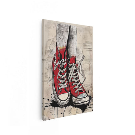 Canvas schilderij vooraanzicht Paar Rode Converse Schoenen op een Krant