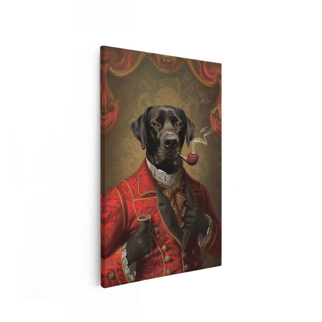 Canvas schilderij vooraanzicht Zwart Lab in een Rood Pak met een Pijp