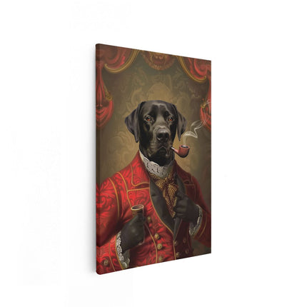 Canvas schilderij vooraanzicht Zwart Lab in een Rood Pak met een Pijp