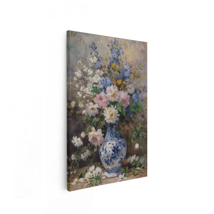 Canvas schilderij vooraanzicht Kunstwerk van Bloemen in een Blauw-Witte Vaas