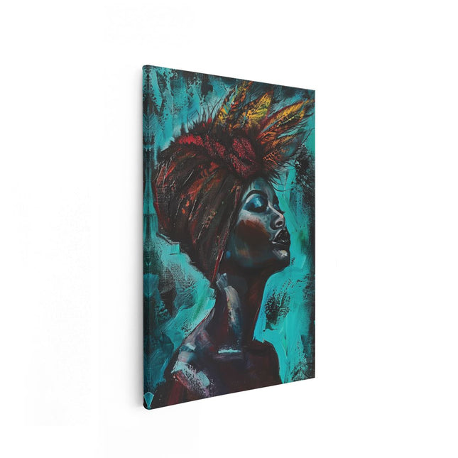 Canvas schilderij vooraanzicht Kunstwerk van een Vrouw met Veren op haar Hoofd