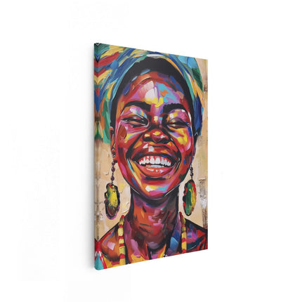 Canvas schilderij vooraanzicht Glimlachende Afrikaanse Vrouw die een Kleurrijke Tulband Draagt
