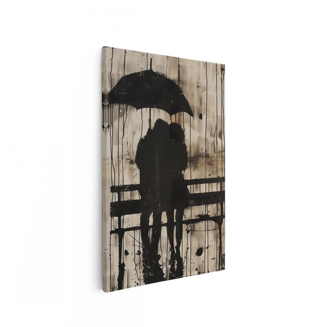 Canvas schilderij vooraanzicht Twee Mensen Zitten op een Bankje onder een Parasol