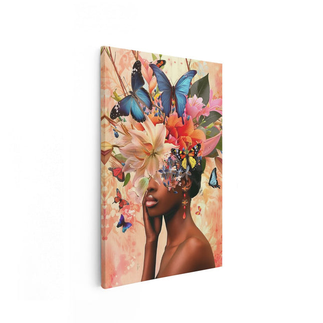 Canvas schilderij vooraanzicht Vrouw met Vlinders op haar Hoofd