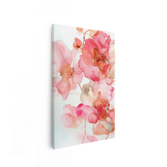 Canvas schilderij vooraanzicht Aquarelkunstwerk van Roze Bloemen op een Witte Achtergrond