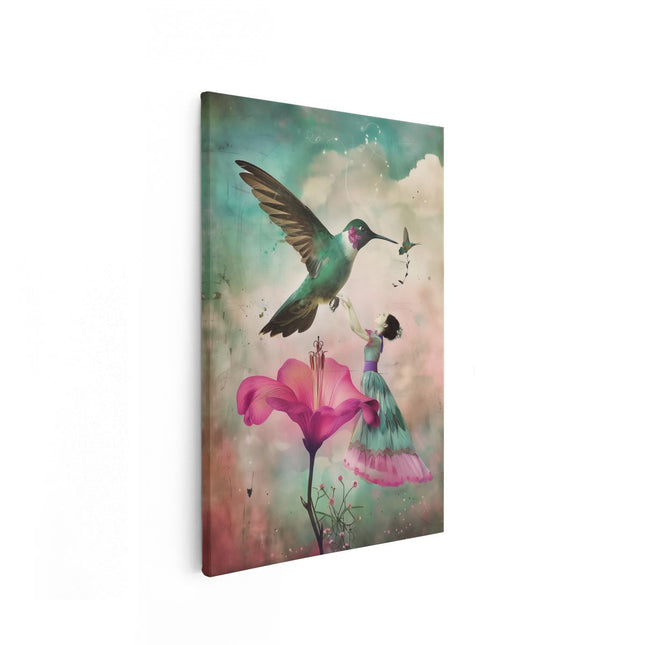 Canvas schilderij vooraanzicht Meisje in een Jurk en een Kolibrie
