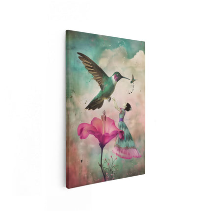 Canvas schilderij vooraanzicht Meisje in een Jurk en een Kolibrie