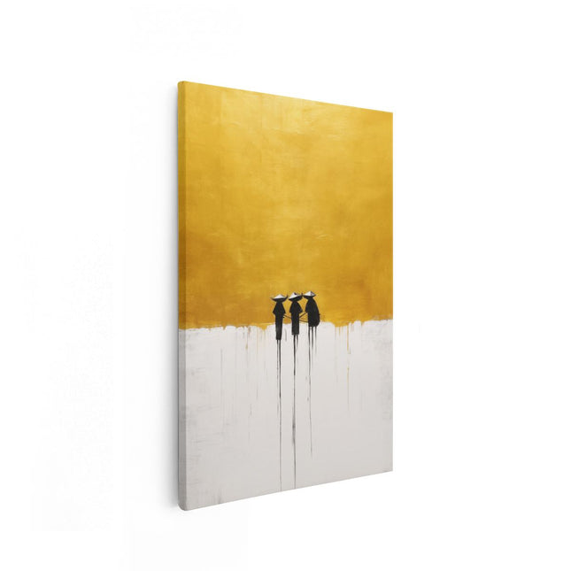 Canvas schilderij vooraanzicht Drie Mensen Staan ​​Voor een Gele Achtergrond