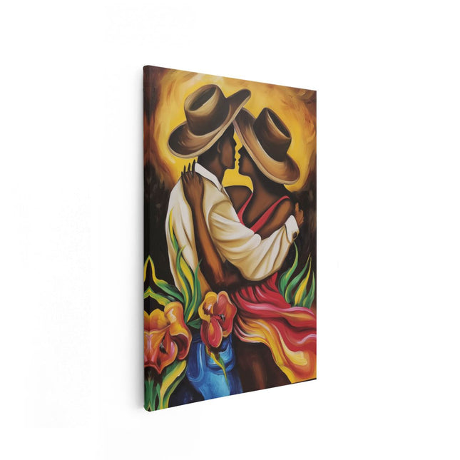 Canvas schilderij vooraanzicht Kunstwerk van een Kussend Stel met Hoeden