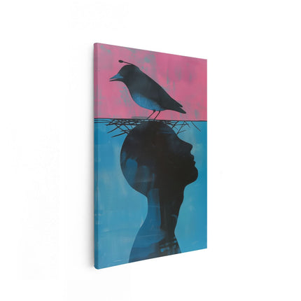 Canvas schilderij vooraanzicht Vogel Bovenop Iemands Hoofd