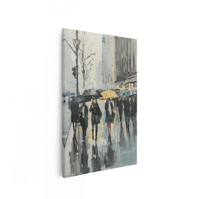 Canvas schilderij vooraanzicht Kunstwerk van Mensen die met Paraplu's in de Regen Lopen