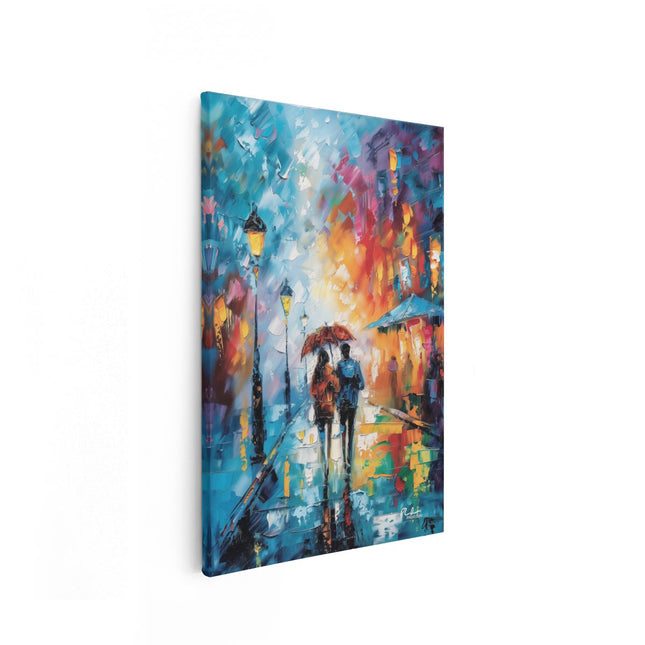 Canvas schilderij vooraanzicht Twee Mensen Lopen met Parasols in de Regen