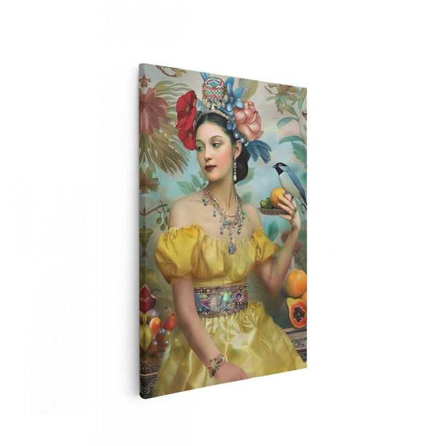 Canvas schilderij vooraanzicht Vrouw in een Gele Jurk met Fruit