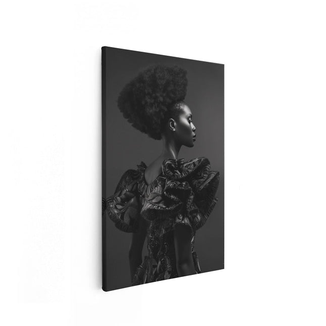 Canvas schilderij vooraanzicht Zwart Wit Portret van een Vrouw met Afrohaar