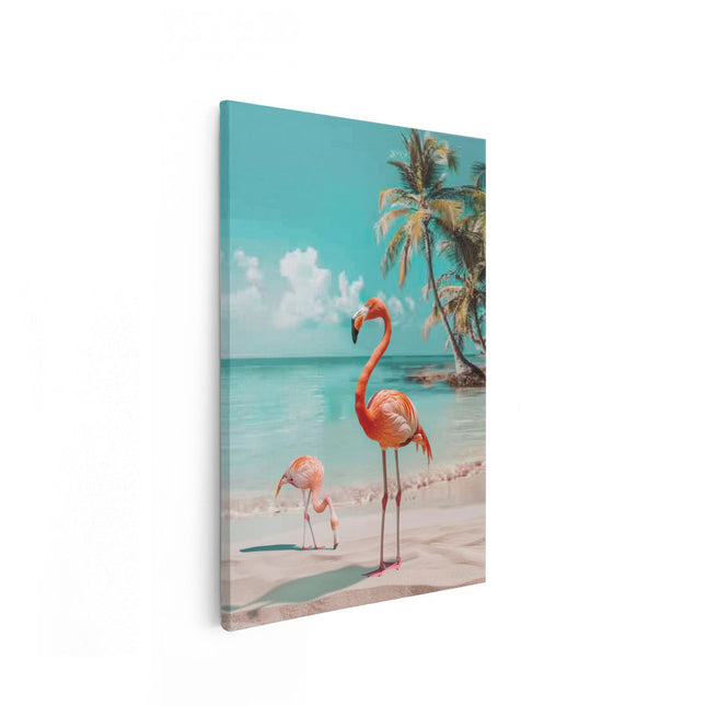 Canvas schilderij vooraanzicht Twee Flamingo's op het Strand