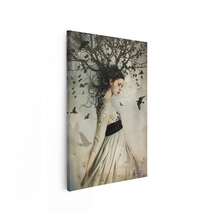 Canvas schilderij vooraanzicht Meisje met een Boom op haar Hoofd