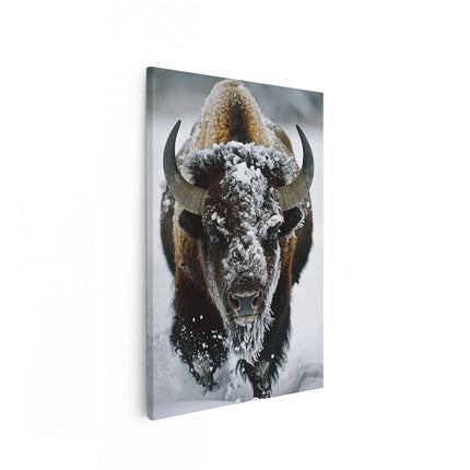 Canvas schilderij vooraanzicht Bizons Rennen door de Sneeuw