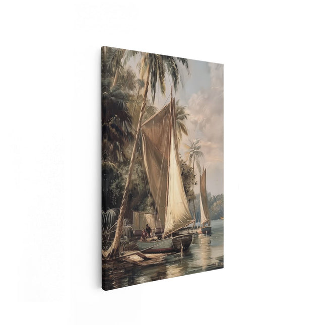 Canvas schilderij vooraanzicht Kunstwerk van Zeilboten op een Rivier met Palmbomen