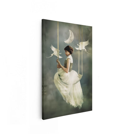 Canvas schilderij vooraanzicht Vrouw op een Schommel met Vogels