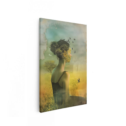 Canvas schilderij vooraanzicht Vrouw zit in een Veld met Vogels die Rond haar Hoofd Vliegen